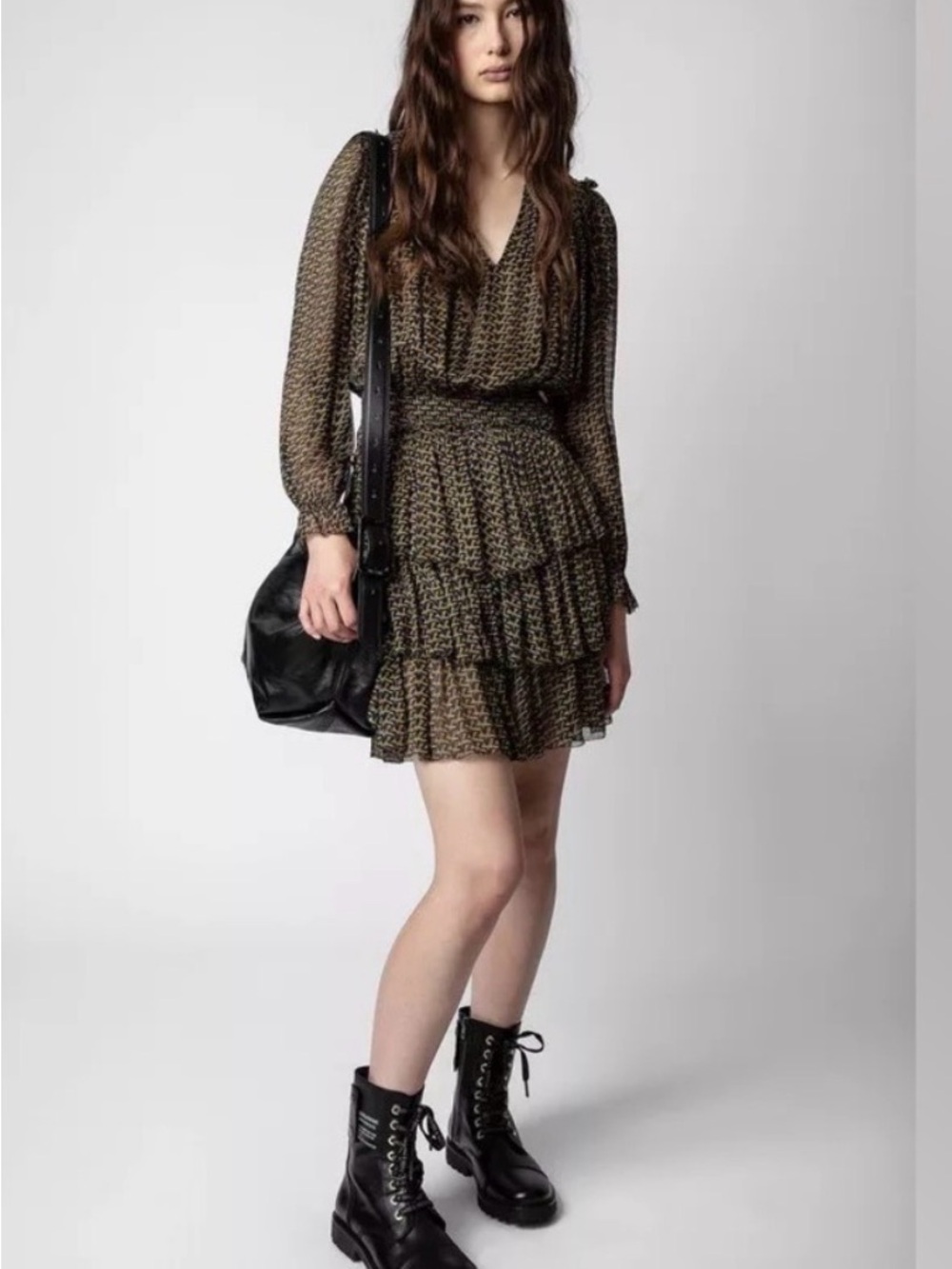 Zadig & Voltaire Olive-Green Patterned Tiered Mini Dress